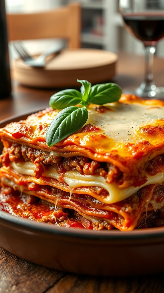 A slice of homemade lasagna with meat sauce and cheese, garnished with basil.